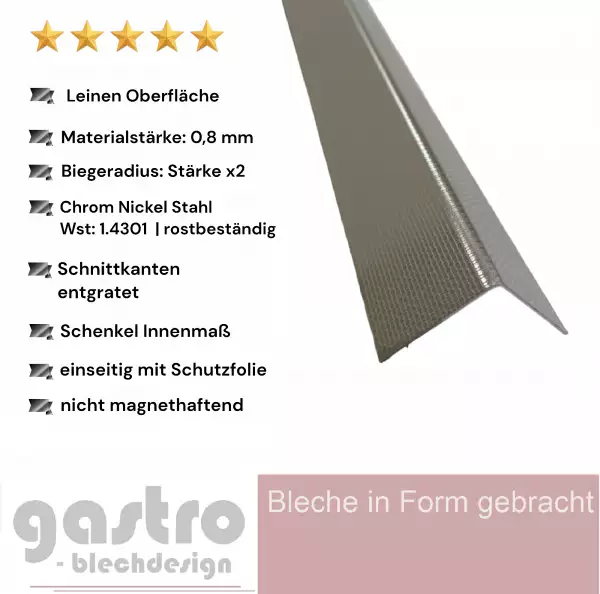 Edelstahl Kantenabdeckung in Leinen Struktur.